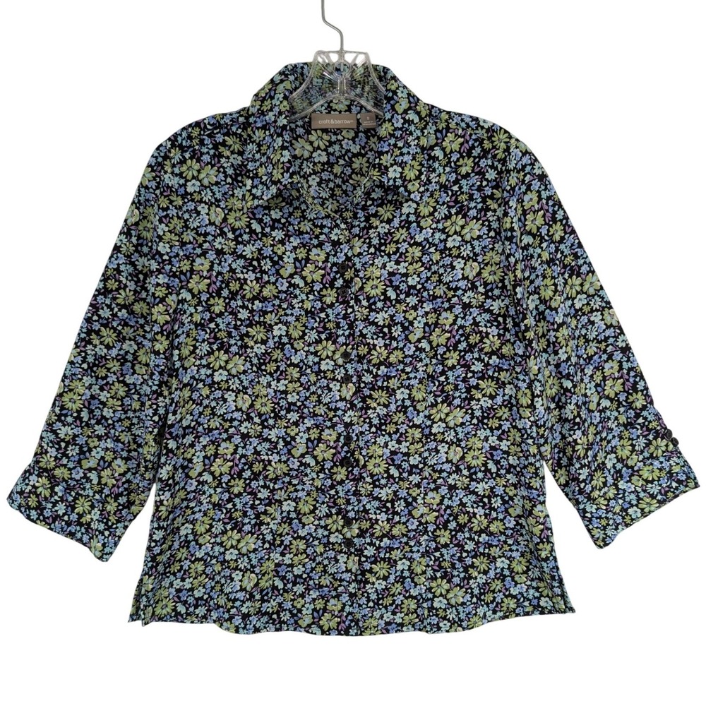 Croft & Barrow Floral Blouse Small Multicolor 3/4 Sleeve Button‎ Down Casual Top